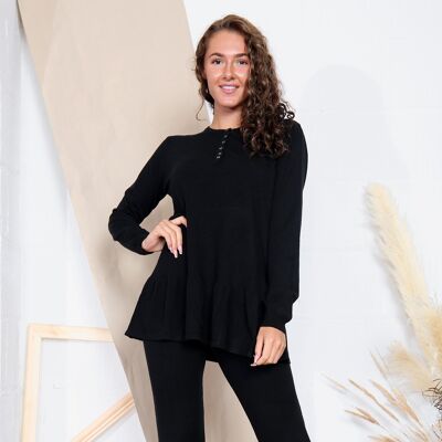 Black Long sleeve loungewear set with sparkle button up collar and ruffled hem