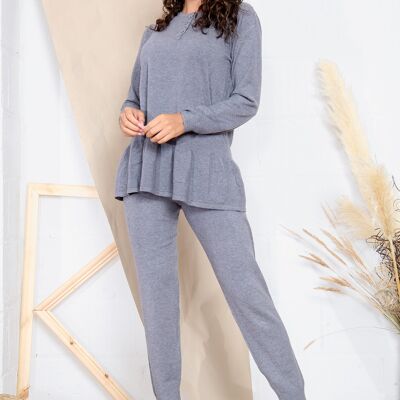 Grey Long sleeve loungewear set with sparkle button up collar and ruffled hem