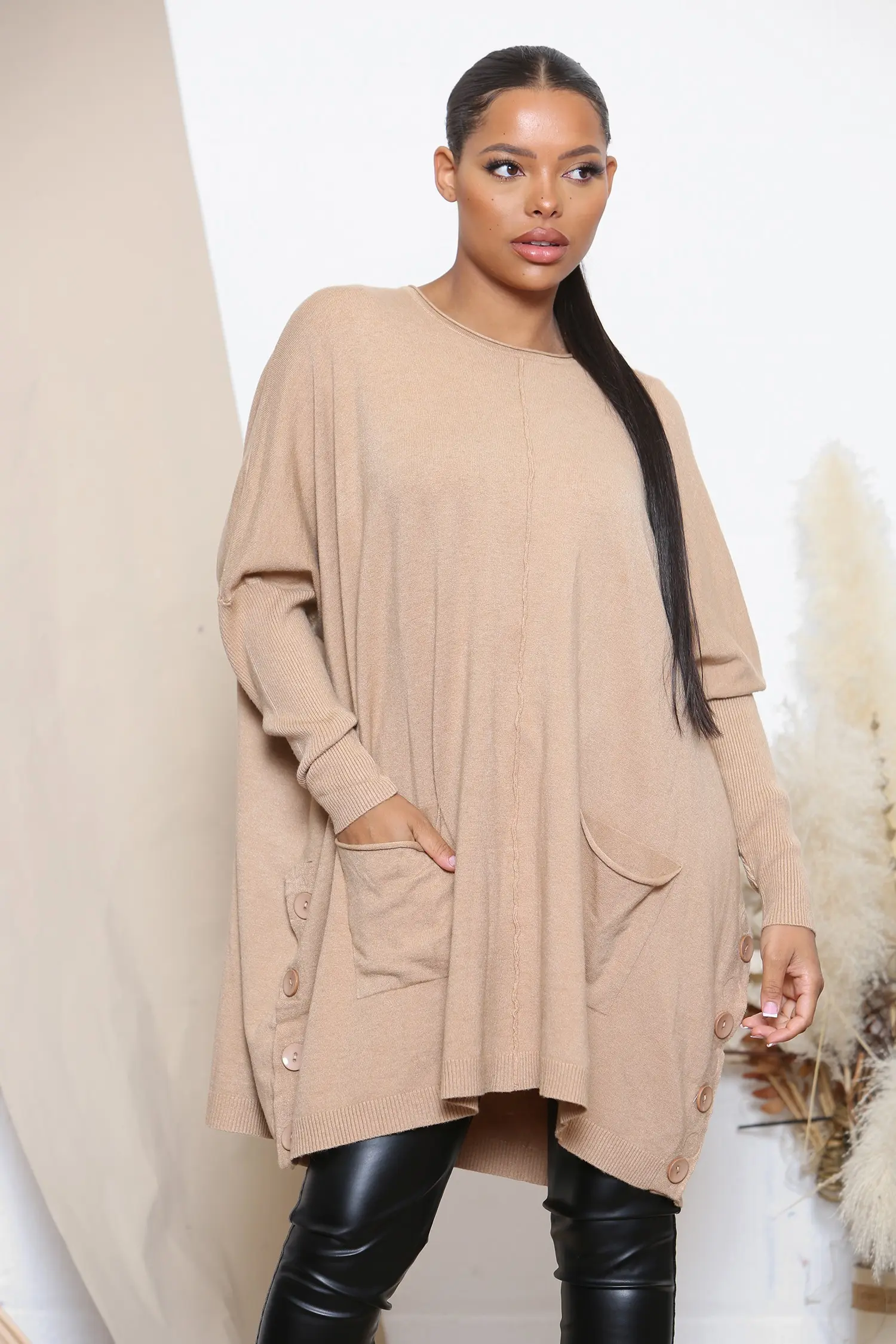 Buy wholesale Camel oversized jumper with decorative buttons