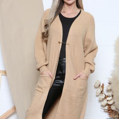 Camel statement safety pin long cardigan with front pockets