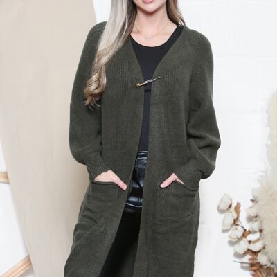 Khaki Green statement safety pin long cardigan with front pockets
