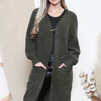 Cardigan lungo con spilla da balia verde kaki con tasche frontali