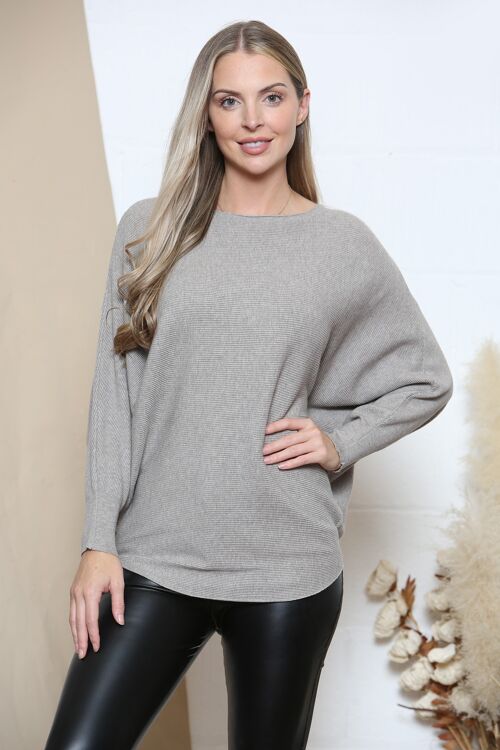 Taupe boat neck batwing stripe texture jumper