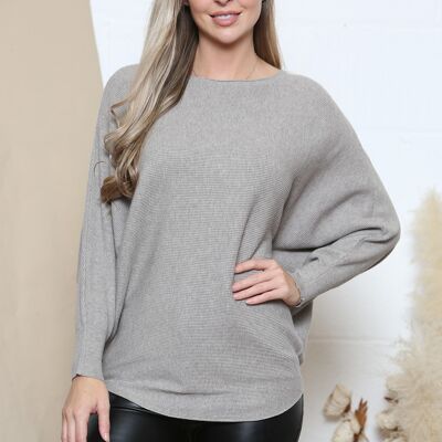 Taupe boat neck batwing stripe texture jumper