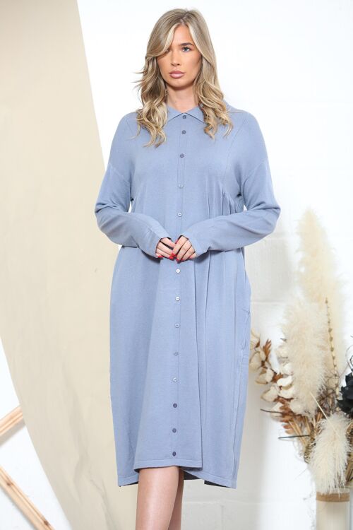 Blue polo neck button up midaxi dress with pockets