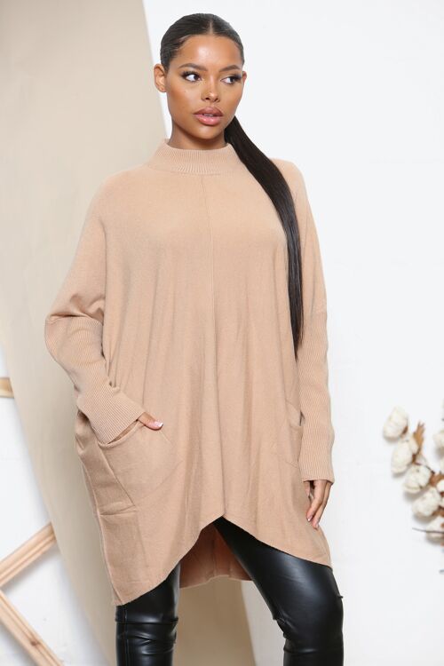 Camel loose fit high neck jumper