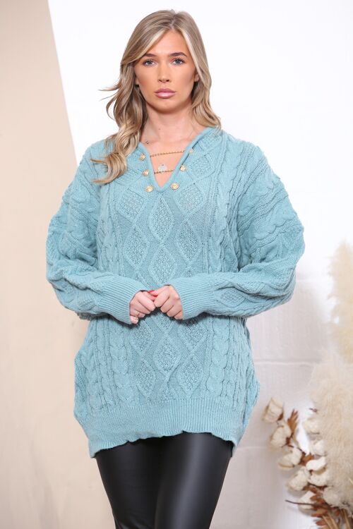 Lake Green loose fit cable knit jumper with chain v neck
