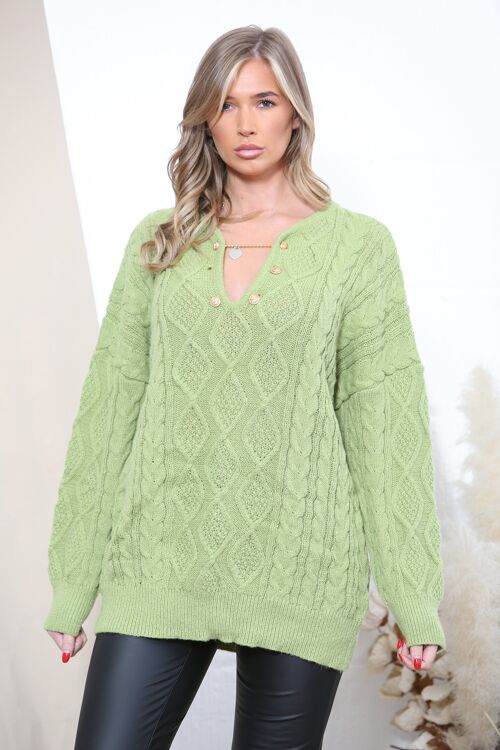 Lime Green loose fit cable knit jumper with chain v neck