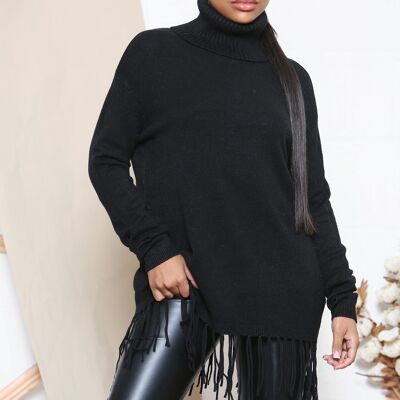 Black tassel hem turtle neck