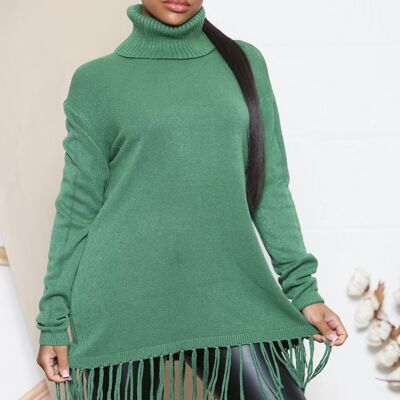 Green tassel hem turtle neck