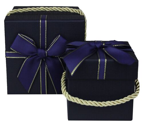 Set of 2 Square, Dark Blue with Satin Ribbon, Golden Handle
