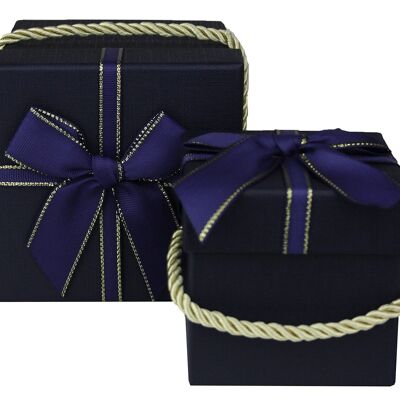 Set of 2 Square, Dark Blue with Satin Ribbon, Golden Handle
