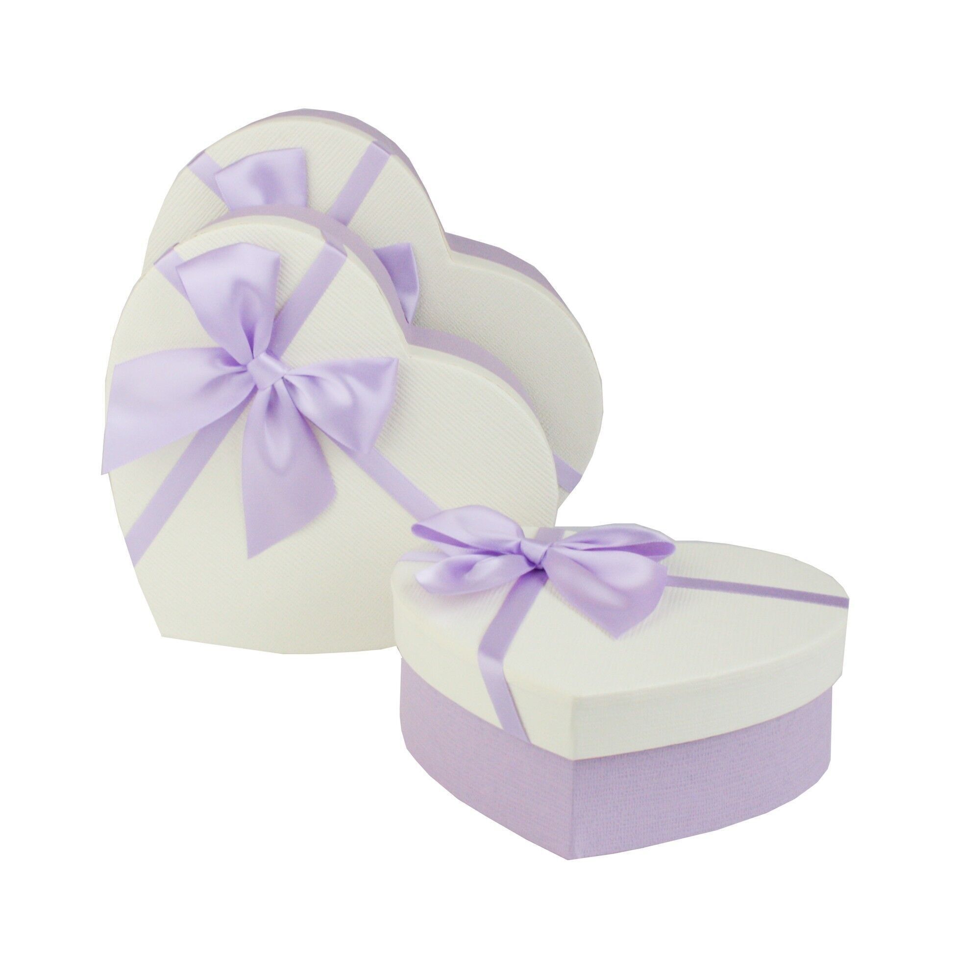Juego de 3 corazones, lila texturizada con tapa blanca, lazo de satén