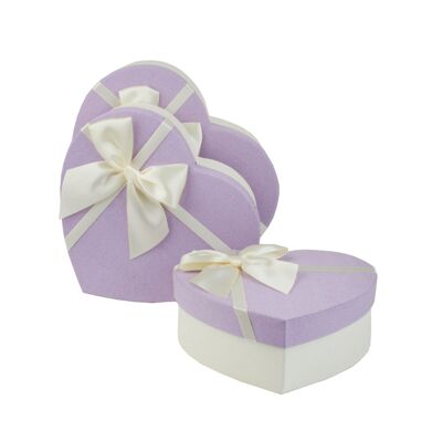 Set of 3 Heart, Textured White with Lilac Lid, Satin Bow