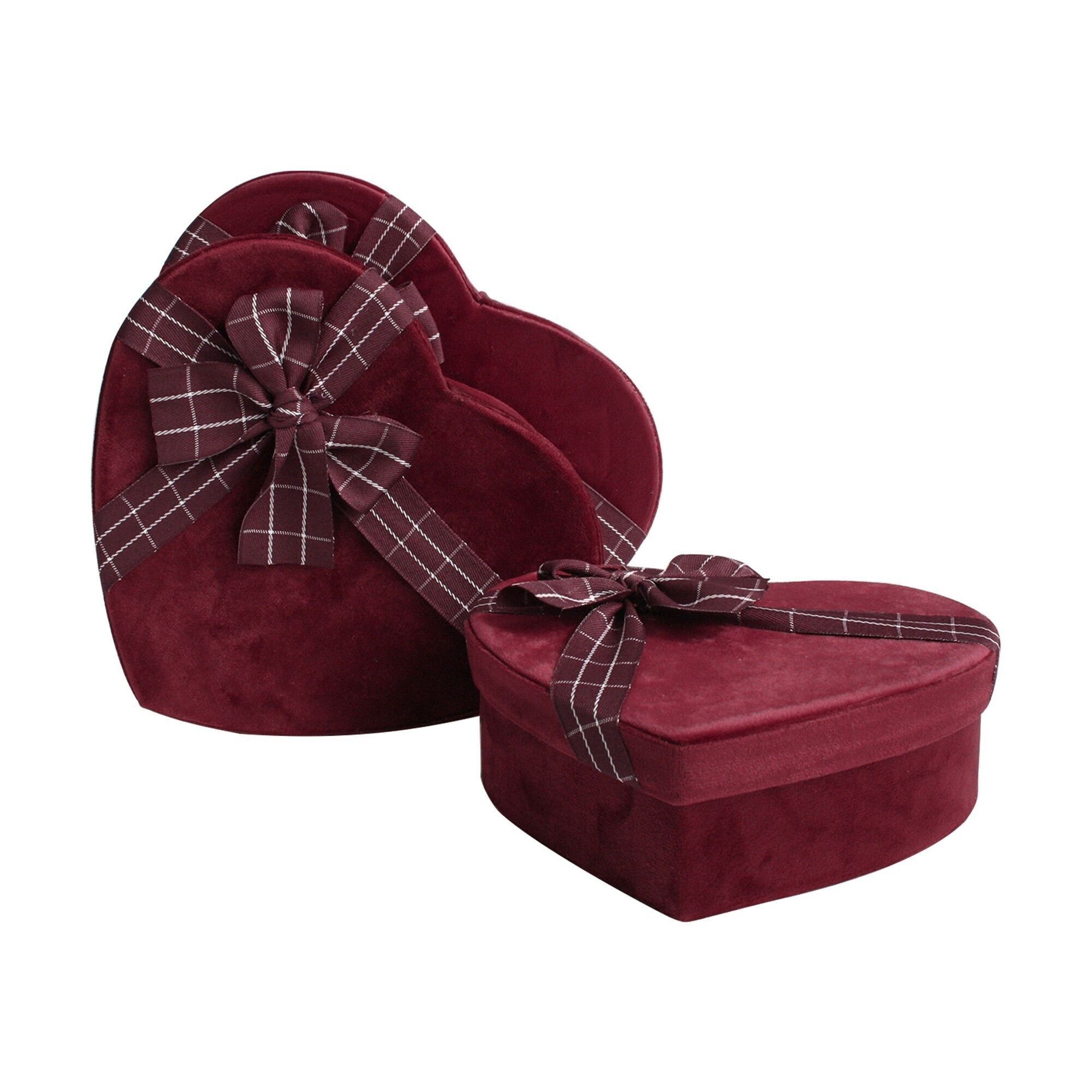 Set de 3 Corazones Terciopelo Burdeos con Cinta de Rayas