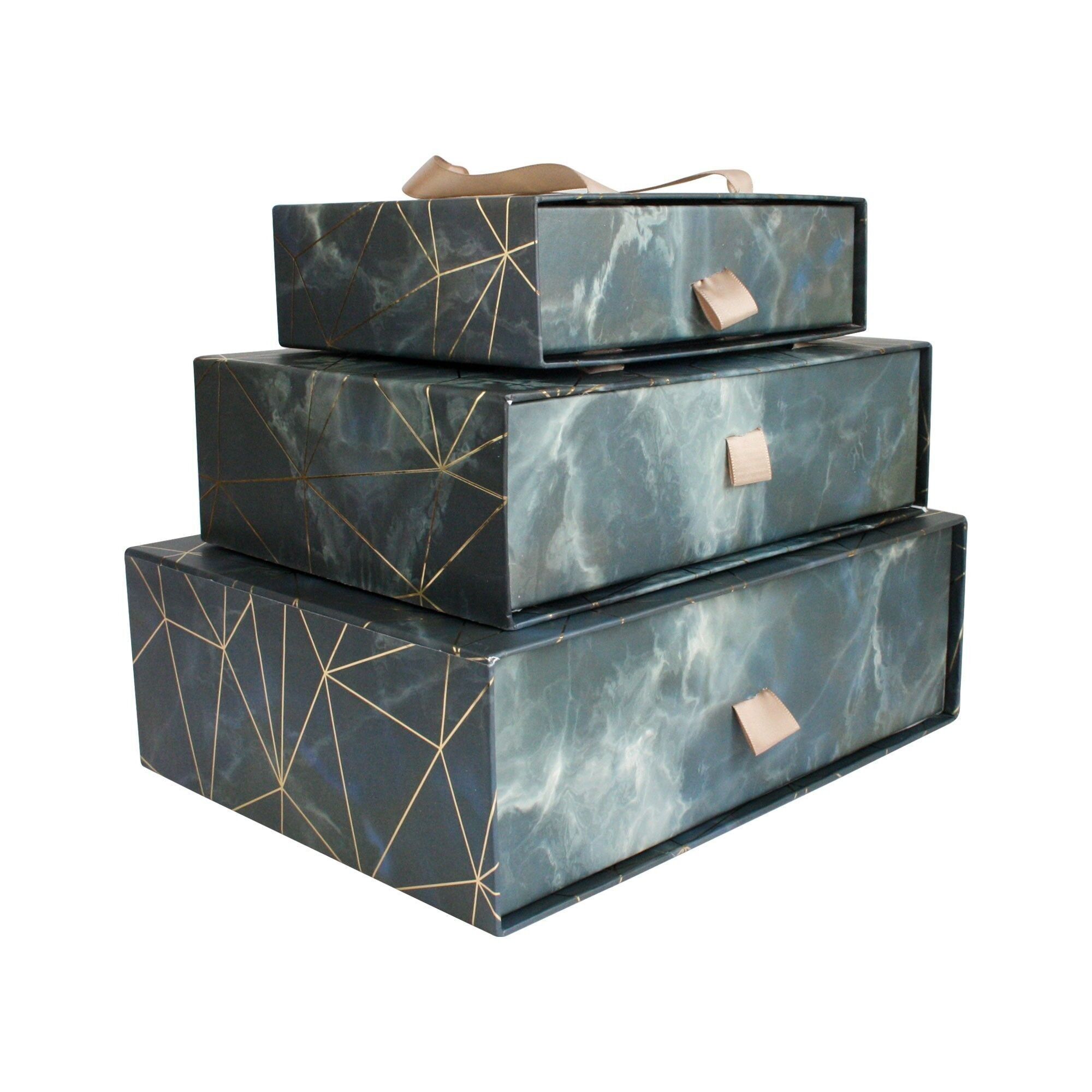 Set of 3 Rectangle Drawer, Blue/Grey Marble Print Gold Line