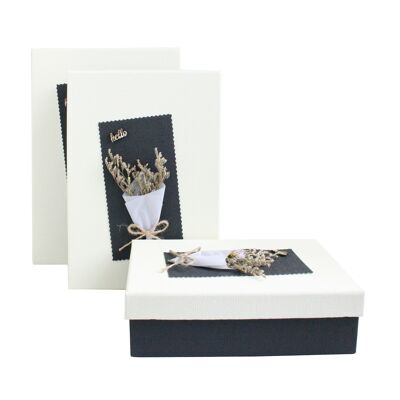 Set of 3 Rectangle, Black with White Lid, Dried Flower