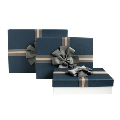 Set of 3 Rectangle, Cream with Blue Lid, Brown Striped Bow