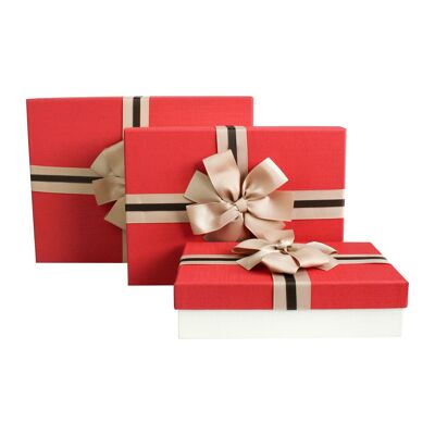 Set of 3 Rectangle, Cream with Red Lid, Brown Striped Bow