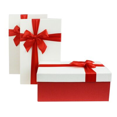 Set of 3 Rectangle, Red with Cream Lid, Red Bow Ribbon