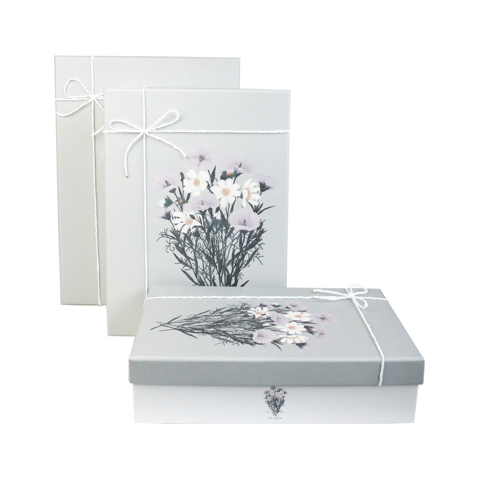 Juego de 3 tapas de ramo rectangulares, blancas y grises, cinta blanca