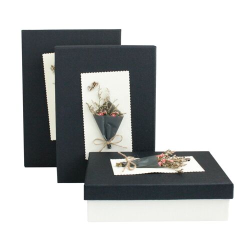 Set of 3 Rectangle, White with Black Lid, Dried Flower