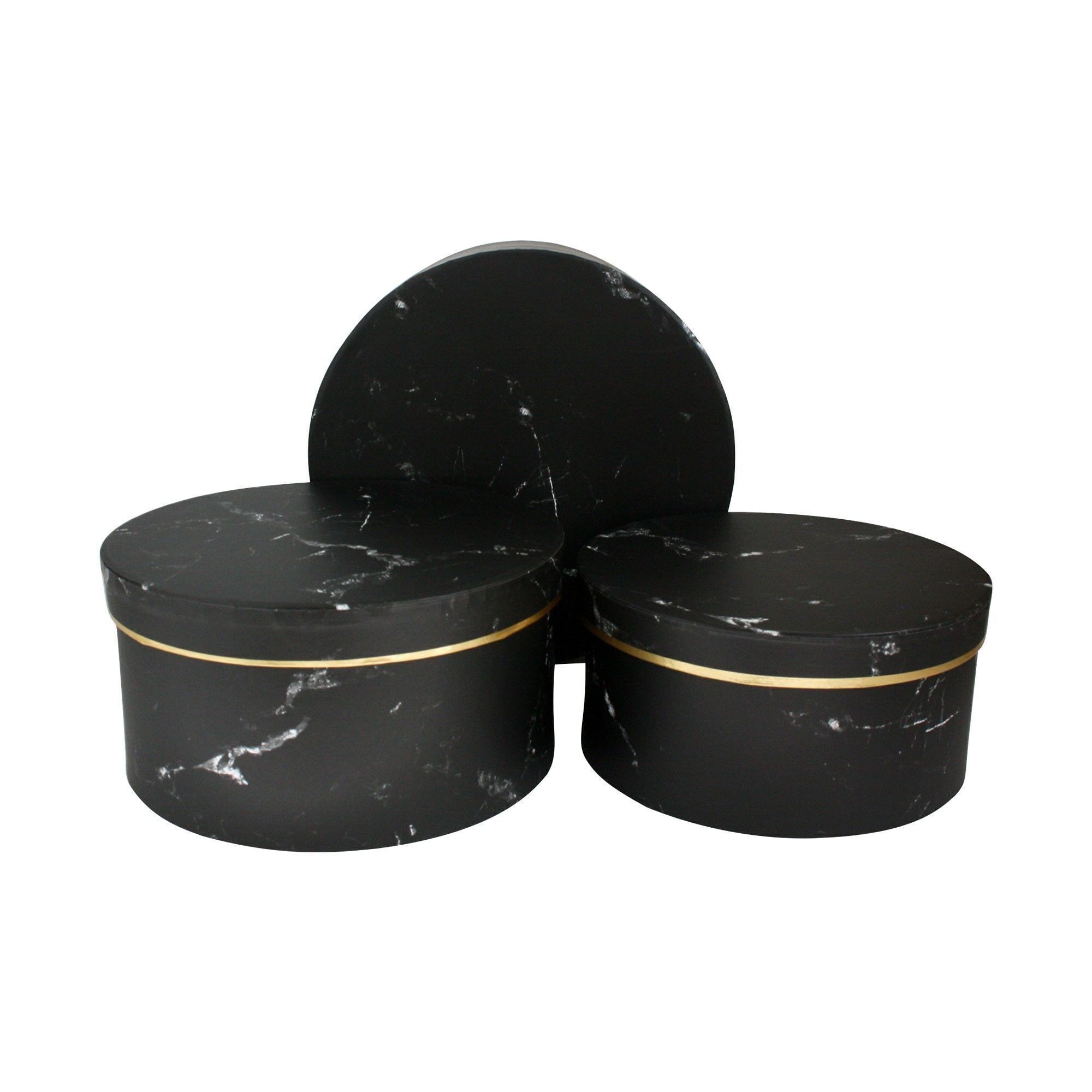 Set of 3 Round Flower, Black Marble Print, Gold Rimmed Lid