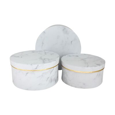 Set of 3 Round Flower, White Marble Print, Gold Rimmed Lid