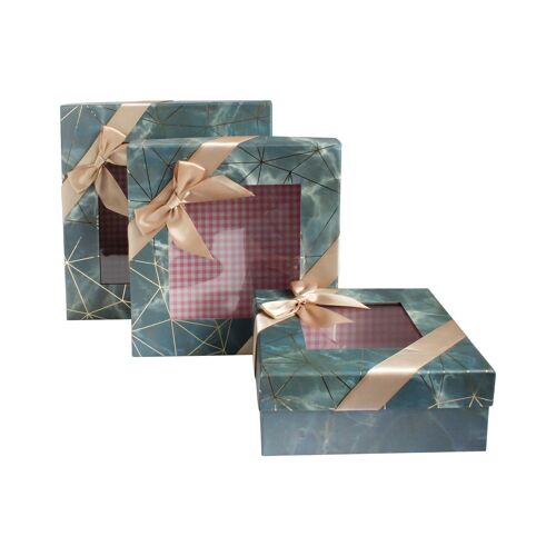 Set of 3 Square Blue/Grey Marble Effect Gold Line, Satin Bow