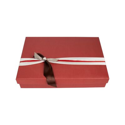 Rectangle, Textured Red with Lid, Red Beige Satin Ribbon.