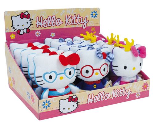 Peluche calin, Hello Kitty, 14 cm, 3 modèles assortis, en boite présentoir