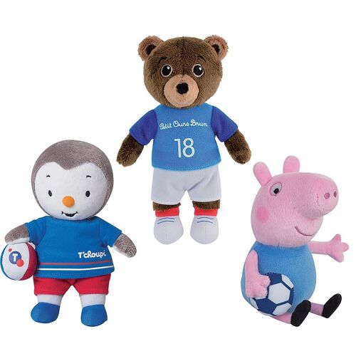 Peluche Peppa Pig, T'Choupi, Petit Ours Brun, avec tenue de foot, 18 cm, avec étiquette