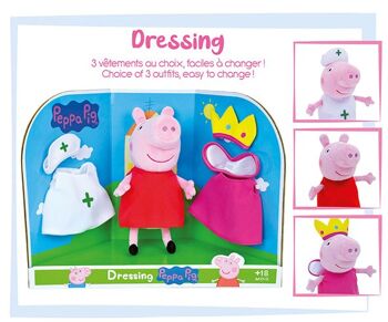 Peluche Peppa Pig 20 cm, Dressing avec 3 vêtements aux choix, facile à changer, en boite cadeau 1