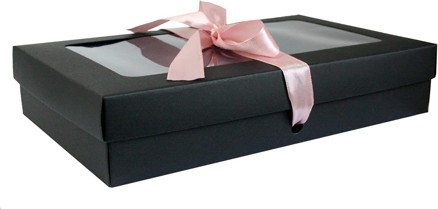 Paquete de 12 Cajas Kraft Negras con Tapa Transparente y Cinta Rosa Bebé