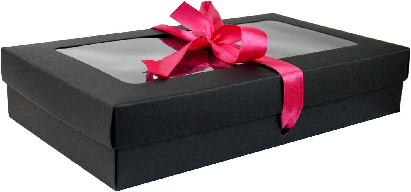 Paquete de 12 cajas de cartón kraft negras con tapa transparente y cinta rosa intenso