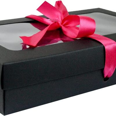 Pack of 12 Black Kraft Box Clear Lid & Hot Pink Ribbon