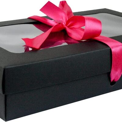 Pack of 12 Black Kraft Box Clear Lid & Hot Pink Ribbon
