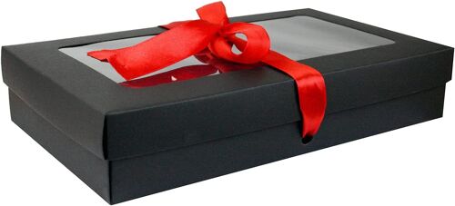 Pack of 12 Black Kraft Box Clear Lid & Red Satin Ribbon