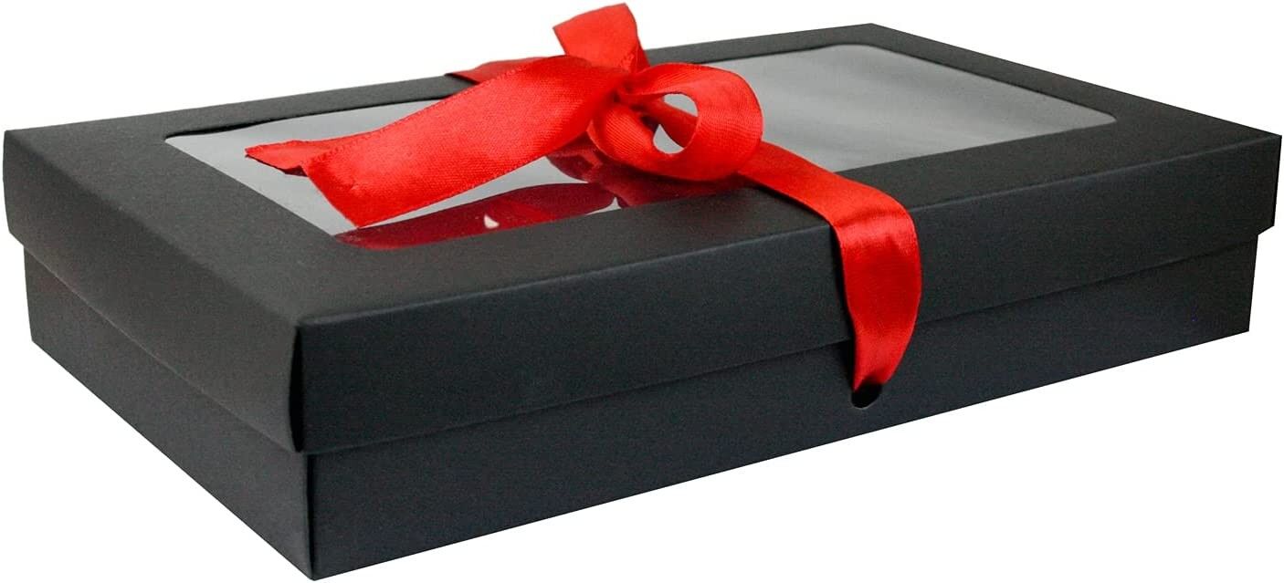 Paquete de 12 Cajas Kraft Negras con Tapa Transparente y Cinta de Satén Roja