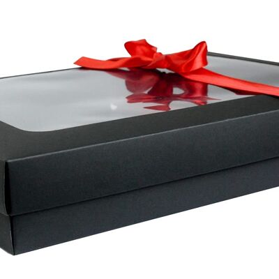 Pack of 12 Black Kraft Box Clear Lid & Red Satin Ribbon