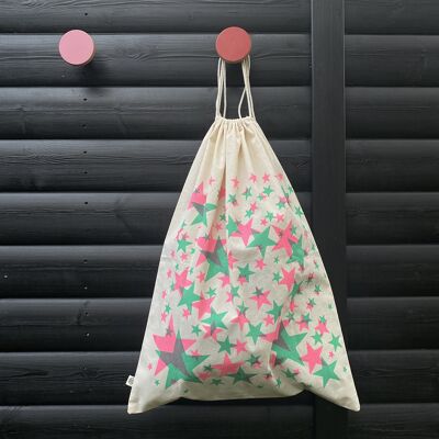 Drawstring Sack - Pack of 3 - Pink & Green Stars