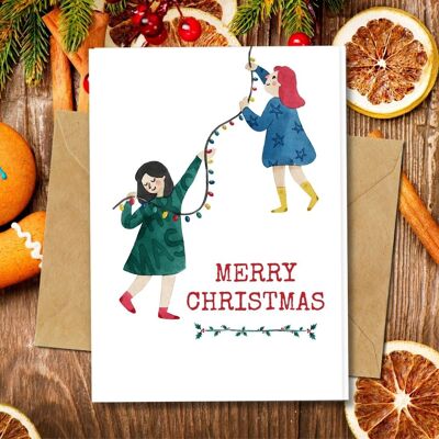 Handmade Eco Friendly | Plantable Seed or Organic Material Paper Christmas Cards - Girls and Xmas Lights