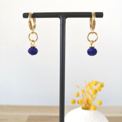 FINE earrings, golden mini hoops, with colored bohemian glass beads, fantasies, winter collection. Navy