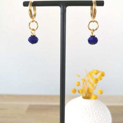 FINE earrings, golden mini hoops, with colored bohemian glass beads, fantasies, winter collection. Navy