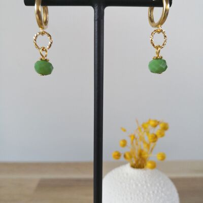 FINE earrings, golden mini hoops, with colored bohemian glass beads, fantasies, winter collection. Green