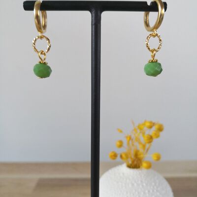 Boucles d'oreilles FINE, mini créoles dorée, avec perles de verre de bohème couleur, fantaisies, collection hiver. Vert