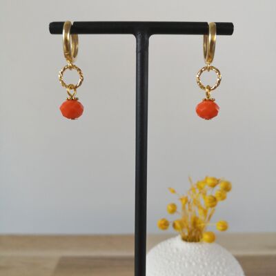 FINE earrings, golden mini hoops, with colored bohemian glass beads, fantasies, winter collection. Orange.