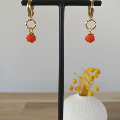 FINE earrings, golden mini hoops, with colored bohemian glass beads, fantasies, winter collection. Orange.