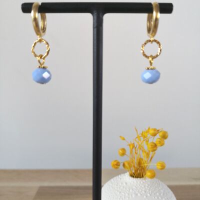 FINE earrings, golden mini hoops, with colored bohemian glass beads, fantasies, winter collection. Glacier.