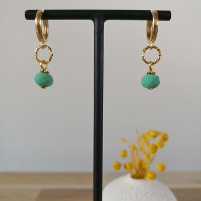 FINE earrings, golden mini hoops, with colored bohemian glass beads, fantasies, winter collection. Lagoon
